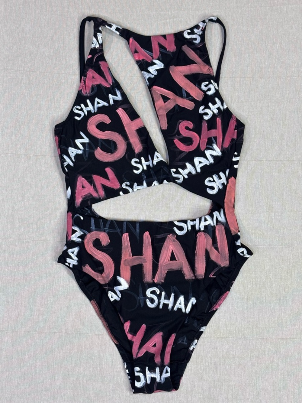 SHAN Graffiti Cutout One Piece Swimsuit Black Pink Statement S